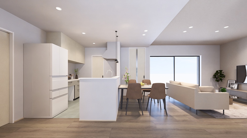 ワイドサッシを通じて庭との一体感を確保◎