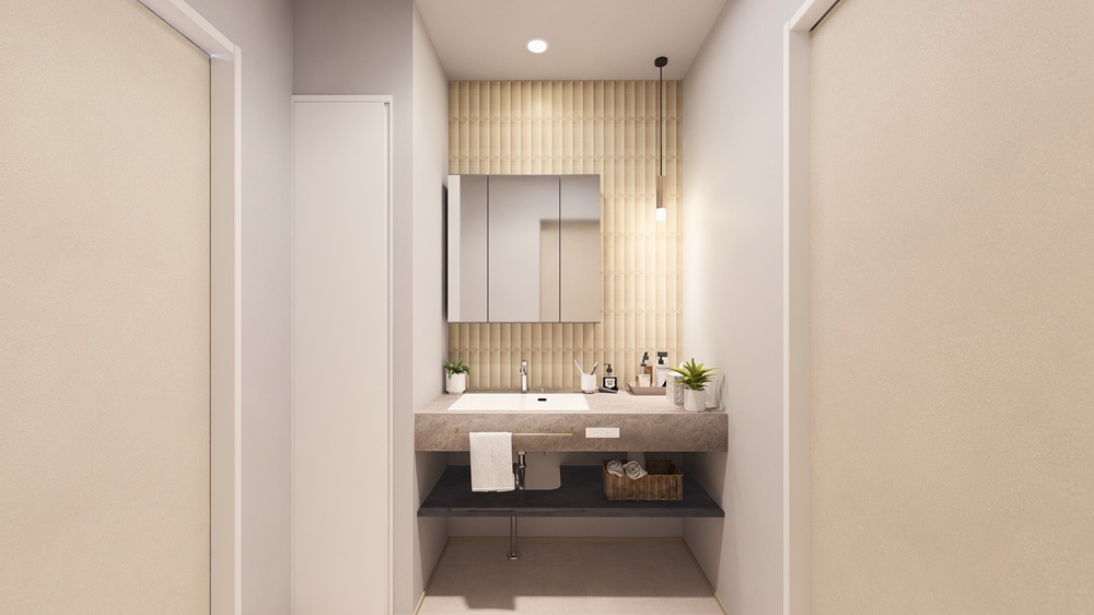 カウンターと背面のタイルがおしゃれな造作洗面台