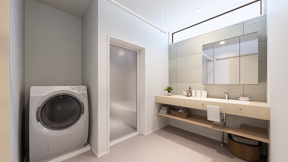 広々3.5帖の洗面室は幅1.6mの造作洗面台付き