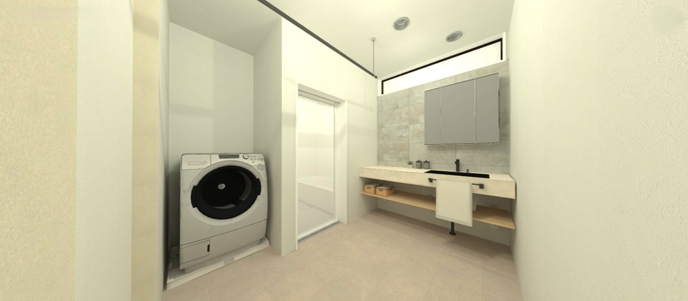 広々3.5帖の洗面室は幅1.6mの造作洗面台付き