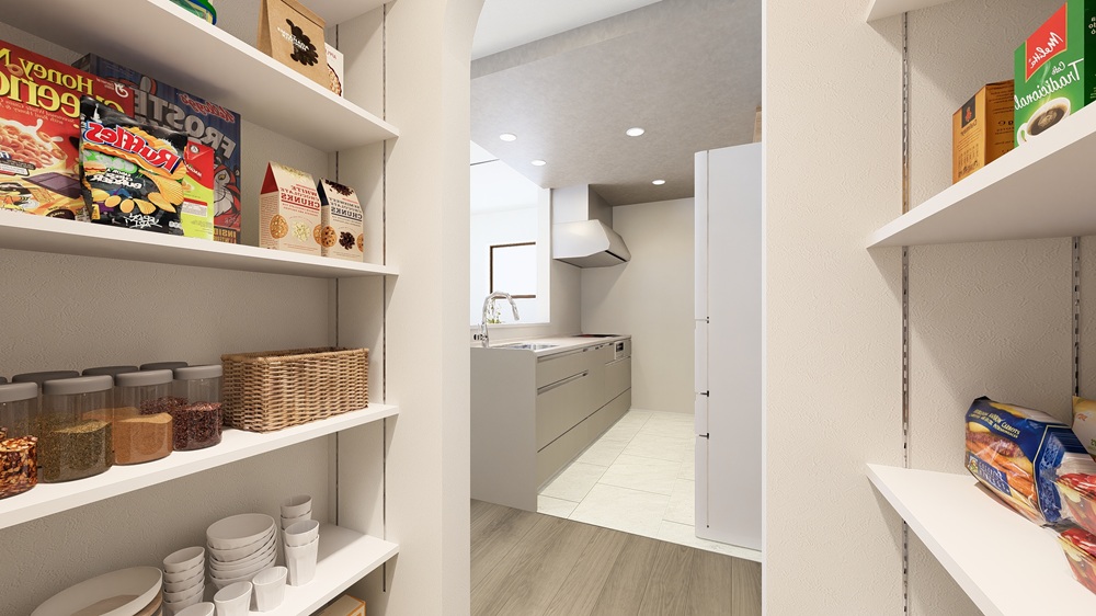 お買い物帰りの収納に配慮したWIC→パントリー→LDKの動線
