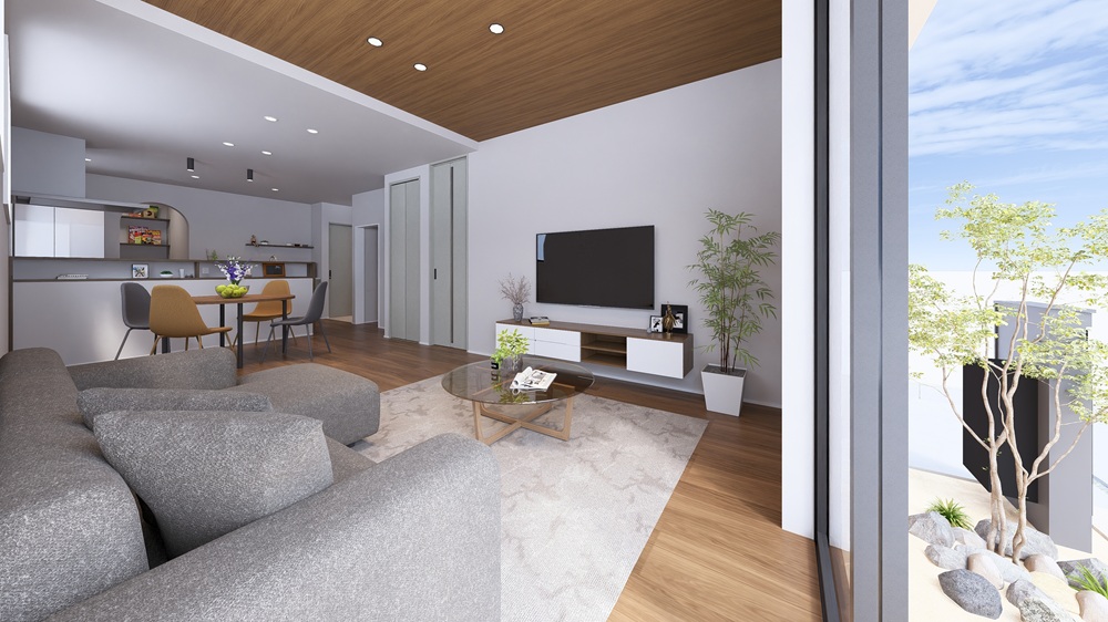 リビングのエコカラットが意匠的。シンプルモダンのLDK