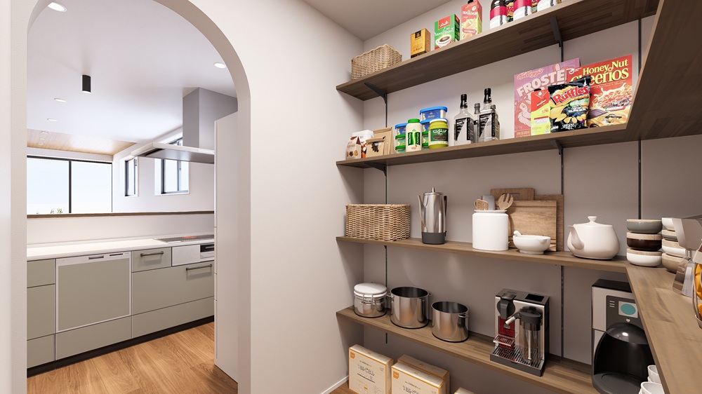 キッチンの後ろには約２帖のパントリーを設置