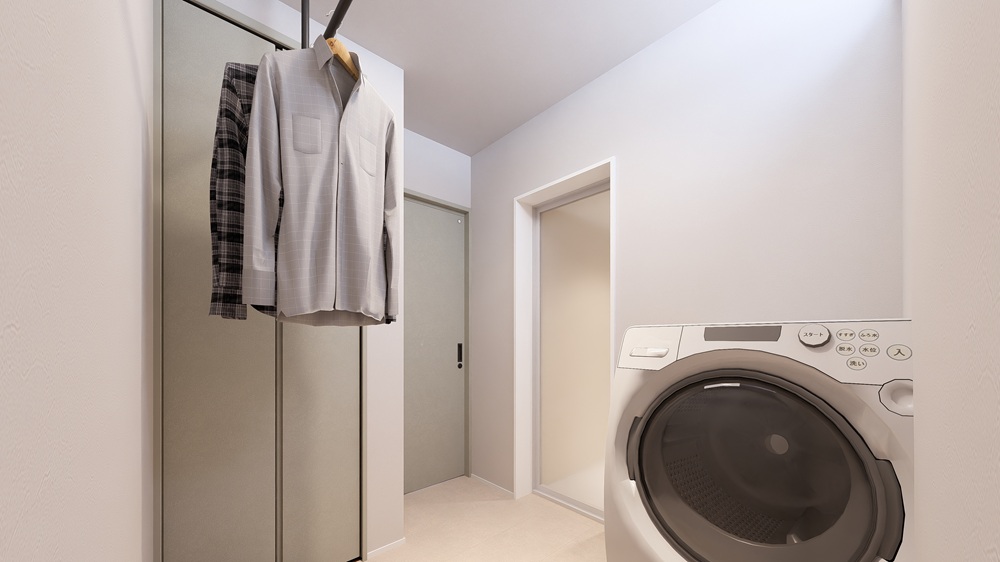ハンガーパイプ+収納付きの脱衣室で「洗う→干す→しまう」の動作がこの部屋で完結