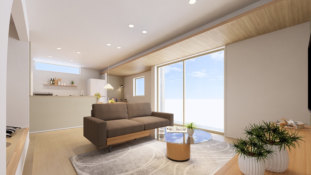 ワイドサッシ＆下げ天井で開放感のある 19.9 帖のLDK