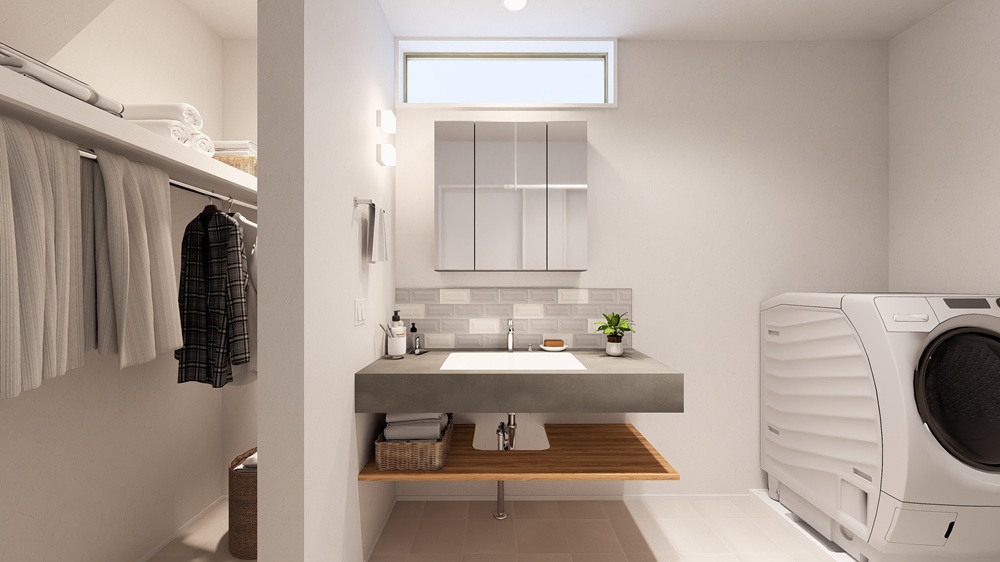 洗面台横にウォークインの収納を完備。服を畳まず収納可能◎